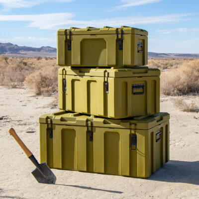 stack of green Eylar cargo cases